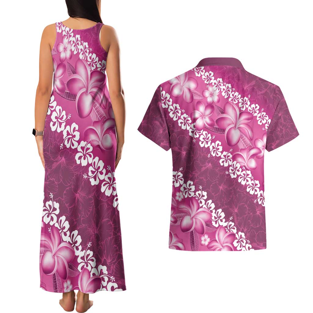 Vintage Pink Polynesia Couples Matching Tank Maxi Dress and Hawaiian Shirt Plumeria With Hibiscus Tropical Vibes
