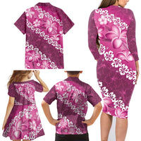 Vintage Pink Polynesia Family Matching Long Sleeve Bodycon Dress and Hawaiian Shirt Plumeria With Hibiscus Tropical Vibes LT14 - Polynesian Pride