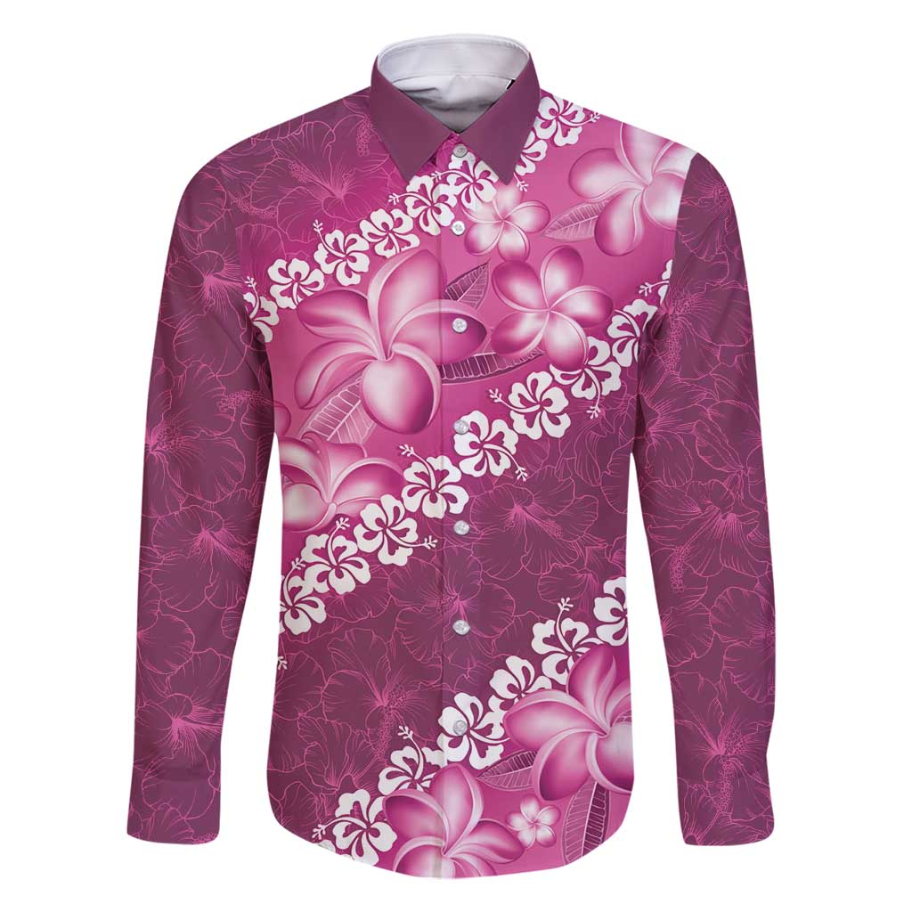Vintage Pink Polynesia Family Matching Long Sleeve Bodycon Dress and Hawaiian Shirt Plumeria With Hibiscus Tropical Vibes LT14 Dad's Shirt - Long Sleeve Pink - Polynesian Pride