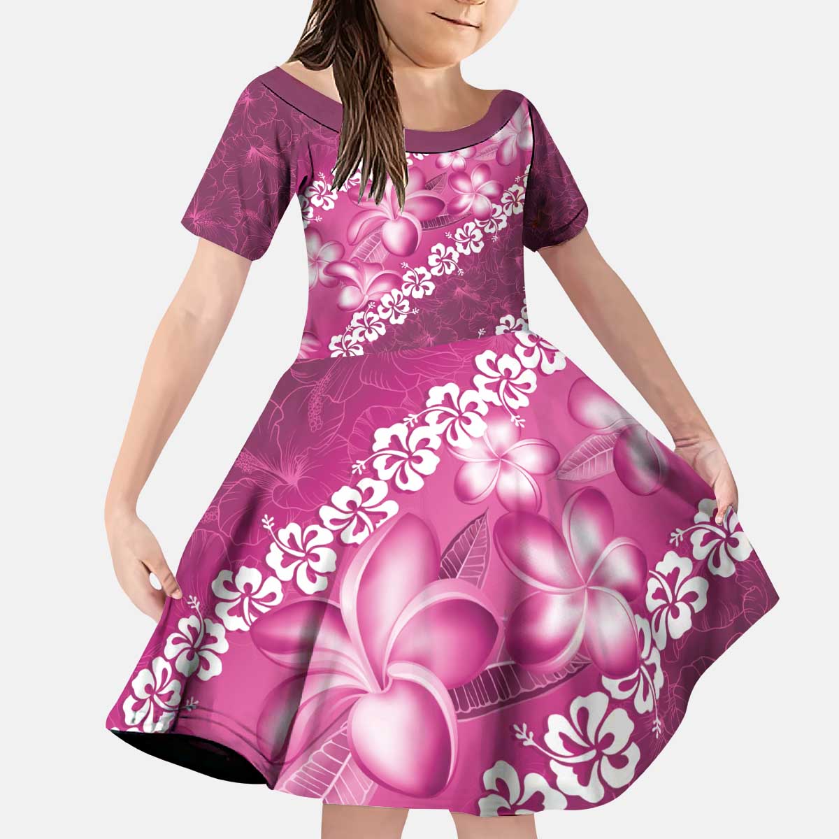 Vintage Pink Polynesia Kid Short Sleeve Dress Plumeria With Hibiscus Tropical Vibes LT14 KID Pink - Polynesian Pride
