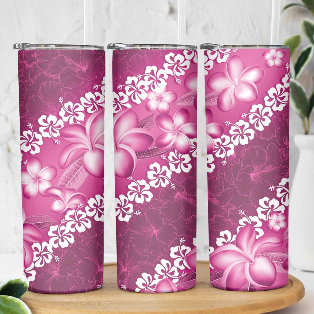 Vintage Pink Polynesia Skinny Tumbler Plumeria With Hibiscus Tropical Vibes