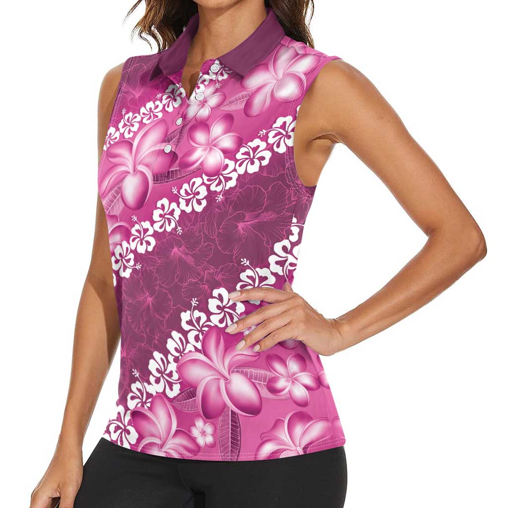Vintage Pink Polynesia Women Sleeveless Polo Shirt Plumeria With Hibiscus Tropical Vibes LT14 - Polynesian Pride