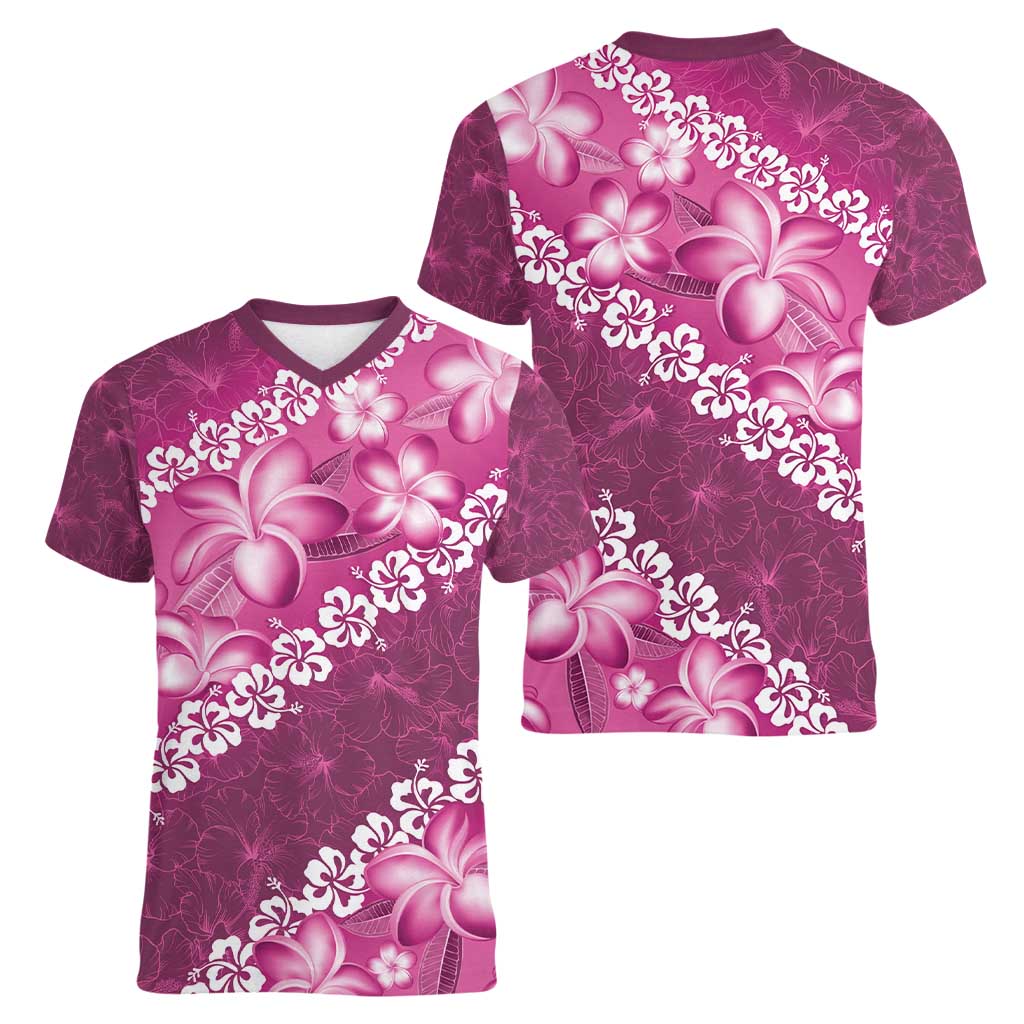 Vintage Pink Polynesia Women V-Neck T-Shirt Plumeria With Hibiscus Tropical Vibes LT14 - Polynesian Pride