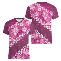 Vintage Pink Polynesia Women V-Neck T-Shirt Plumeria With Hibiscus Tropical Vibes LT14 - Polynesian Pride