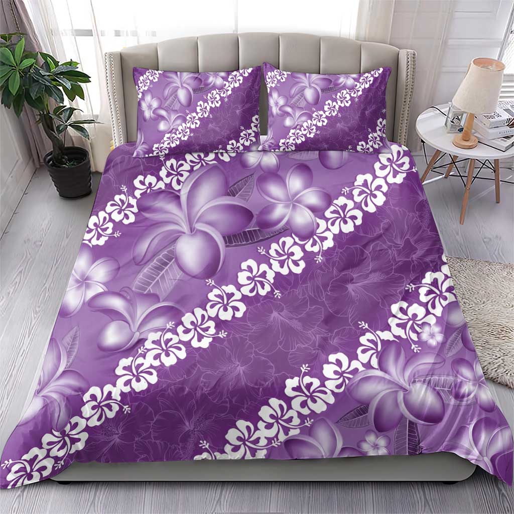 Vintage Purple Polynesia Bedding Set Plumeria With Hibiscus Tropical Vibes