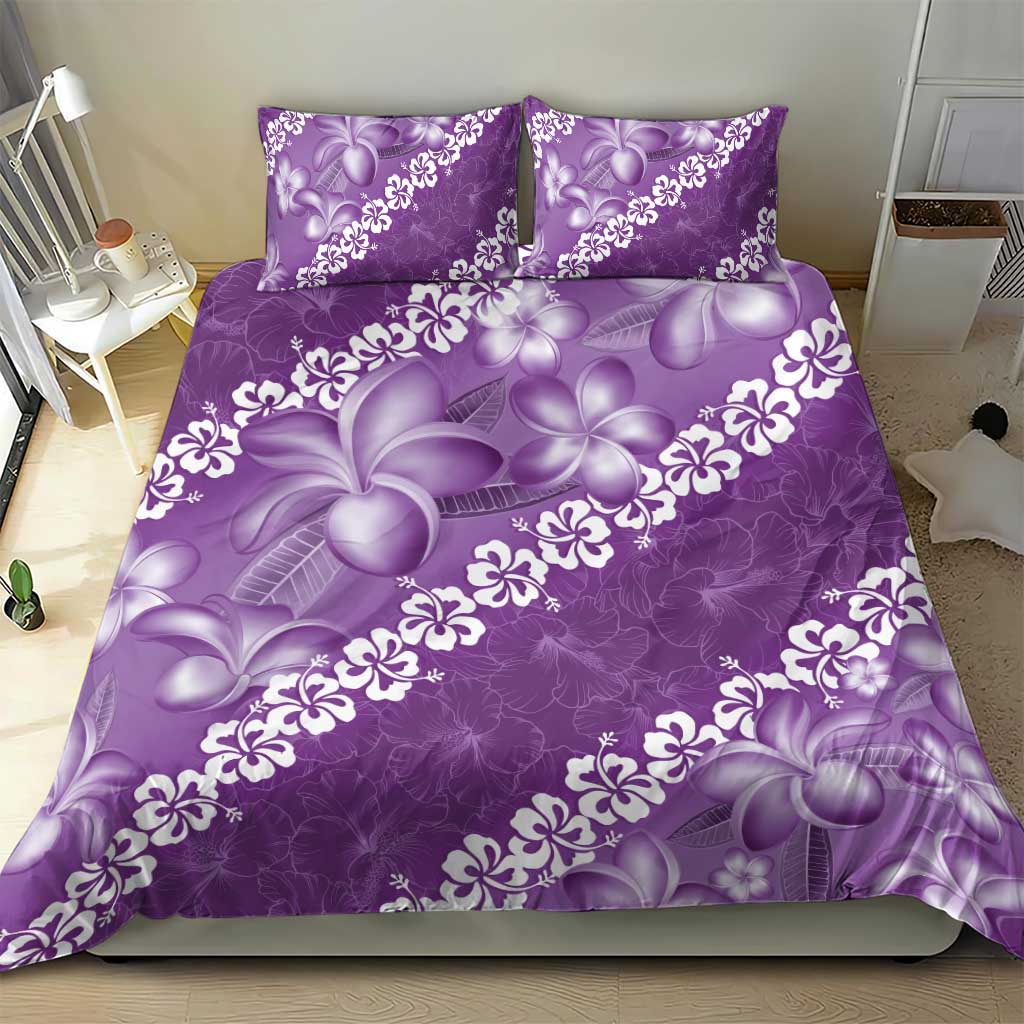 Vintage Purple Polynesia Bedding Set Plumeria With Hibiscus Tropical Vibes