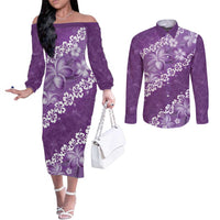 Vintage Purple Polynesia Couples Matching Off The Shoulder Long Sleeve Dress and Long Sleeve Button Shirt Plumeria With Hibiscus Tropical Vibes LT14 Purple - Polynesian Pride
