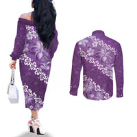 Vintage Purple Polynesia Couples Matching Off The Shoulder Long Sleeve Dress and Long Sleeve Button Shirt Plumeria With Hibiscus Tropical Vibes LT14 - Polynesian Pride