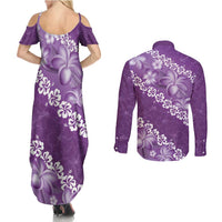 Vintage Purple Polynesia Couples Matching Summer Maxi Dress and Long Sleeve Button Shirt Plumeria With Hibiscus Tropical Vibes LT14 - Polynesian Pride