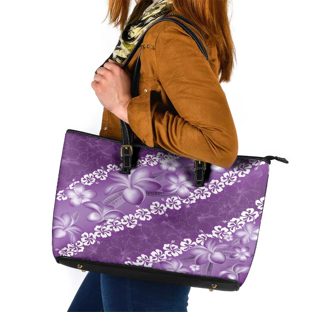 Vintage Purple Polynesia Leather Tote Bag Plumeria With Hibiscus Tropical Vibes LT14 Purple - Polynesian Pride