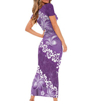 Vintage Purple Polynesia Short Sleeve Bodycon Dress Plumeria With Hibiscus Tropical Vibes