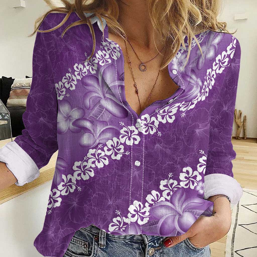 Vintage Purple Polynesia Women Casual Shirt Plumeria With Hibiscus Tropical Vibes LT14 Female Purple - Polynesian Pride