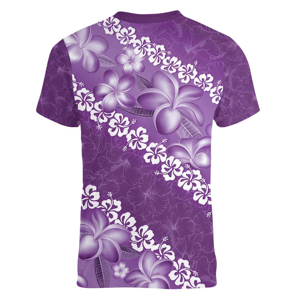 Vintage Purple Polynesia Women V-Neck T-Shirt Plumeria With Hibiscus Tropical Vibes LT14 - Polynesian Pride
