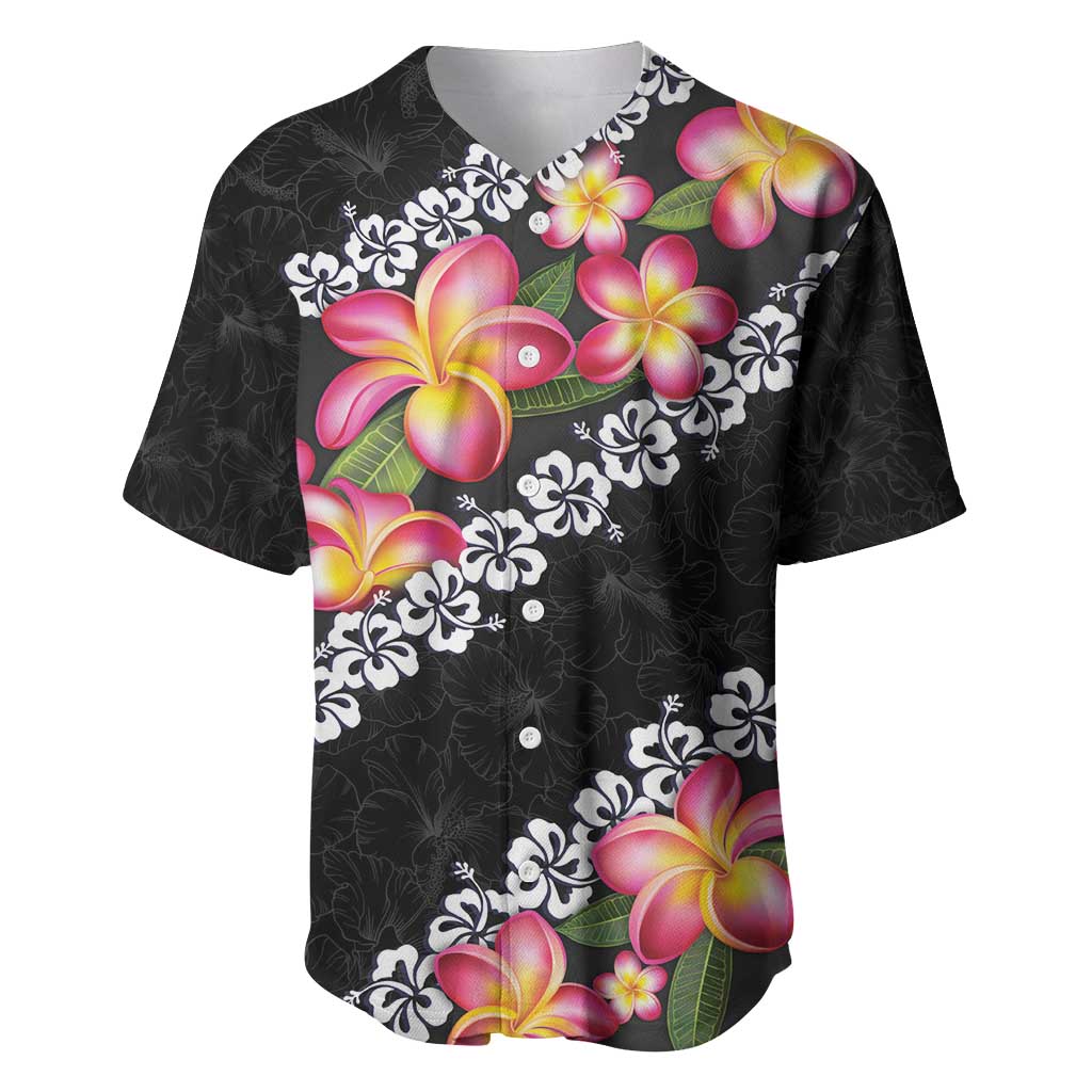 Black Polynesia Baseball Jersey Plumeria With Hibiscus Pattern Tropical Vibes LT14 Black - Polynesian Pride