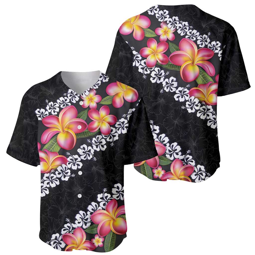 Black Polynesia Baseball Jersey Plumeria With Hibiscus Pattern Tropical Vibes LT14 - Polynesian Pride