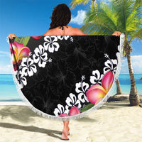 Black Polynesia Beach Blanket Plumeria With Hibiscus Pattern Tropical Vibes