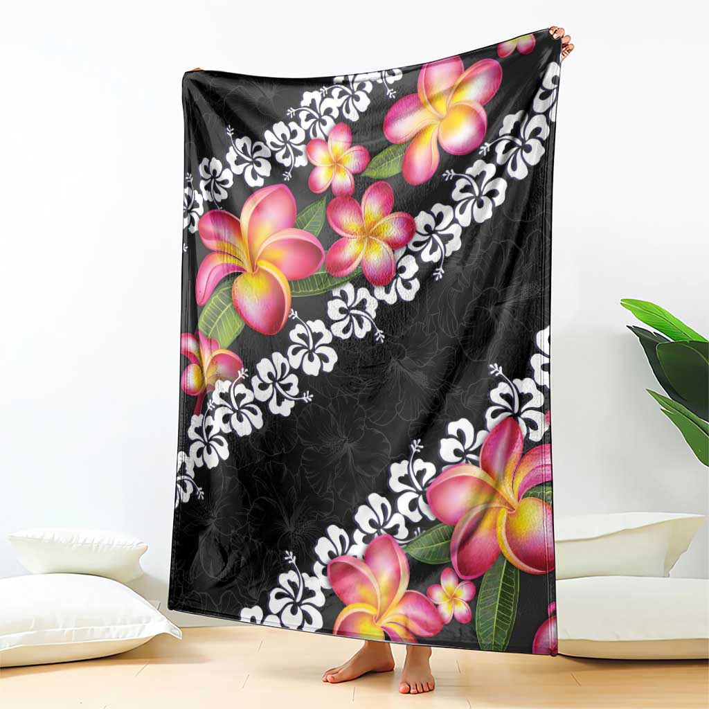 Black Polynesia Blanket Plumeria With Hibiscus Pattern Tropical Vibes