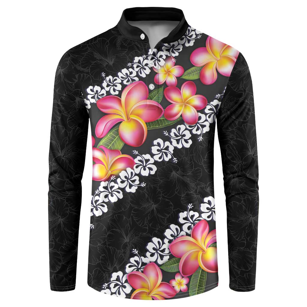 Black Polynesia Button Sweatshirt Plumeria With Hibiscus Pattern Tropical Vibes LT14 Black - Polynesian Pride