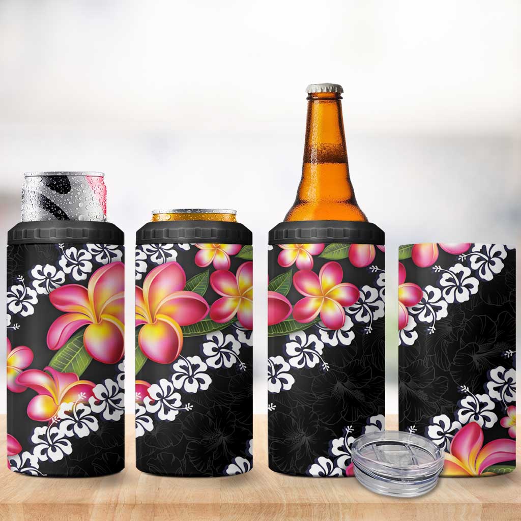 Black Polynesia 4 in 1 Can Cooler Tumbler Plumeria With Hibiscus Pattern Tropical Vibes LT14 - Polynesian Pride