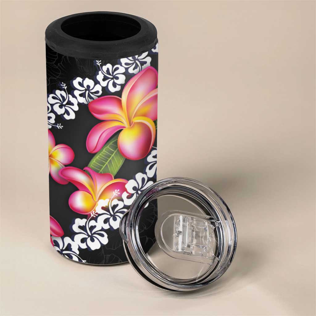 Black Polynesia 4 in 1 Can Cooler Tumbler Plumeria With Hibiscus Pattern Tropical Vibes LT14 - Polynesian Pride