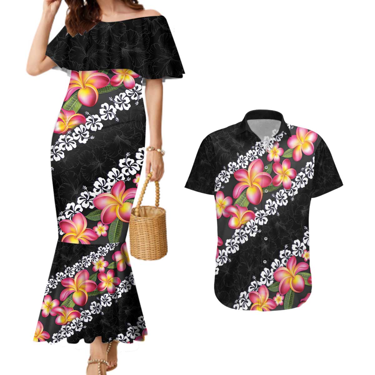 Black Polynesia Couples Matching Mermaid Dress and Hawaiian Shirt Plumeria With Hibiscus Pattern Tropical Vibes