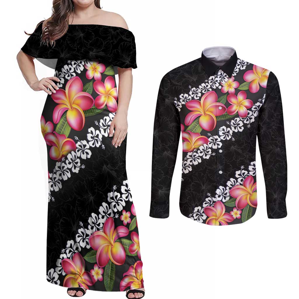 Black Polynesia Couples Matching Off Shoulder Maxi Dress and Long Sleeve Button Shirt Plumeria With Hibiscus Pattern Tropical Vibes LT14 Black - Polynesian Pride