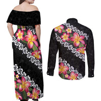 Black Polynesia Couples Matching Off Shoulder Maxi Dress and Long Sleeve Button Shirt Plumeria With Hibiscus Pattern Tropical Vibes
