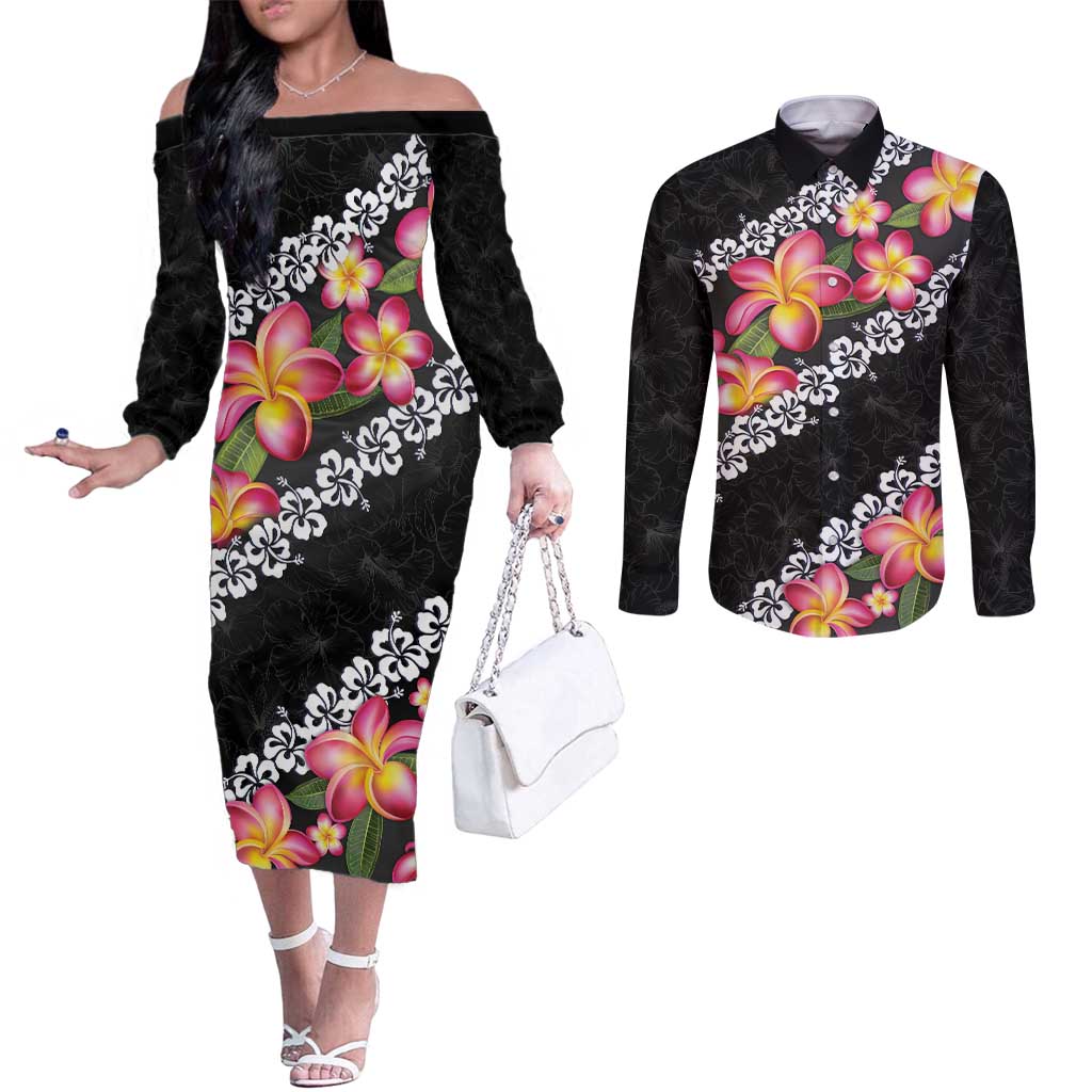 Black Polynesia Couples Matching Off The Shoulder Long Sleeve Dress and Long Sleeve Button Shirt Plumeria With Hibiscus Pattern Tropical Vibes LT14 Black - Polynesian Pride