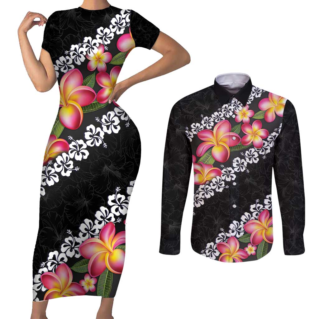 Black Polynesia Couples Matching Short Sleeve Bodycon Dress and Long Sleeve Button Shirt Plumeria With Hibiscus Pattern Tropical Vibes LT14 Black - Polynesian Pride