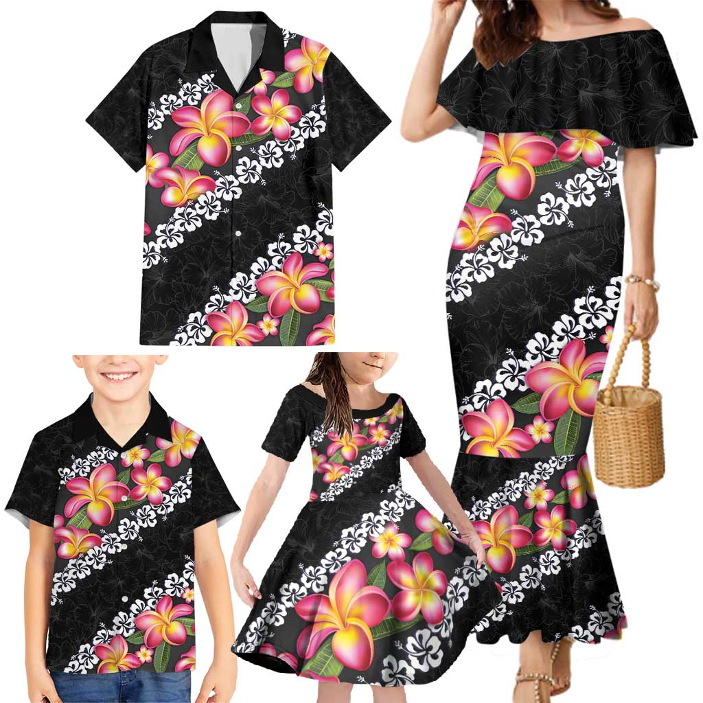 Black Polynesia Family Matching Mermaid Dress and Hawaiian Shirt Plumeria With Hibiscus Pattern Tropical Vibes