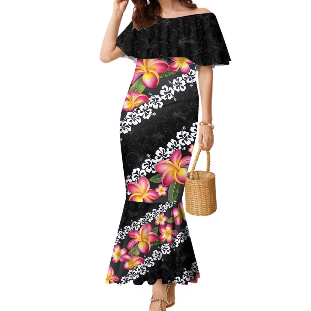 Black Polynesia Family Matching Mermaid Dress and Hawaiian Shirt Plumeria With Hibiscus Pattern Tropical Vibes