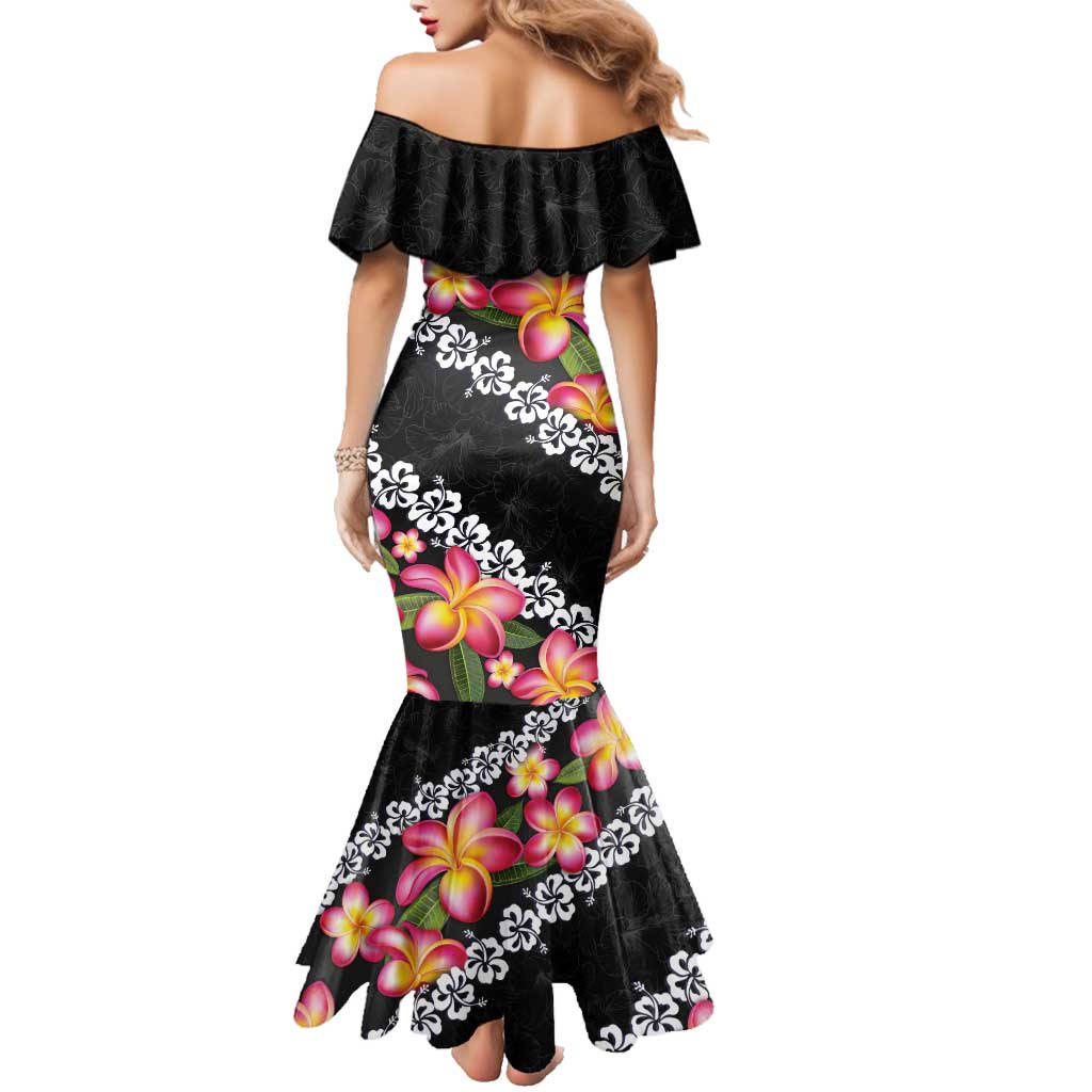 Black Polynesia Family Matching Mermaid Dress and Hawaiian Shirt Plumeria With Hibiscus Pattern Tropical Vibes