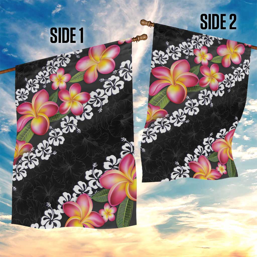 Black Polynesia Garden Flag Plumeria With Hibiscus Pattern Tropical Vibes