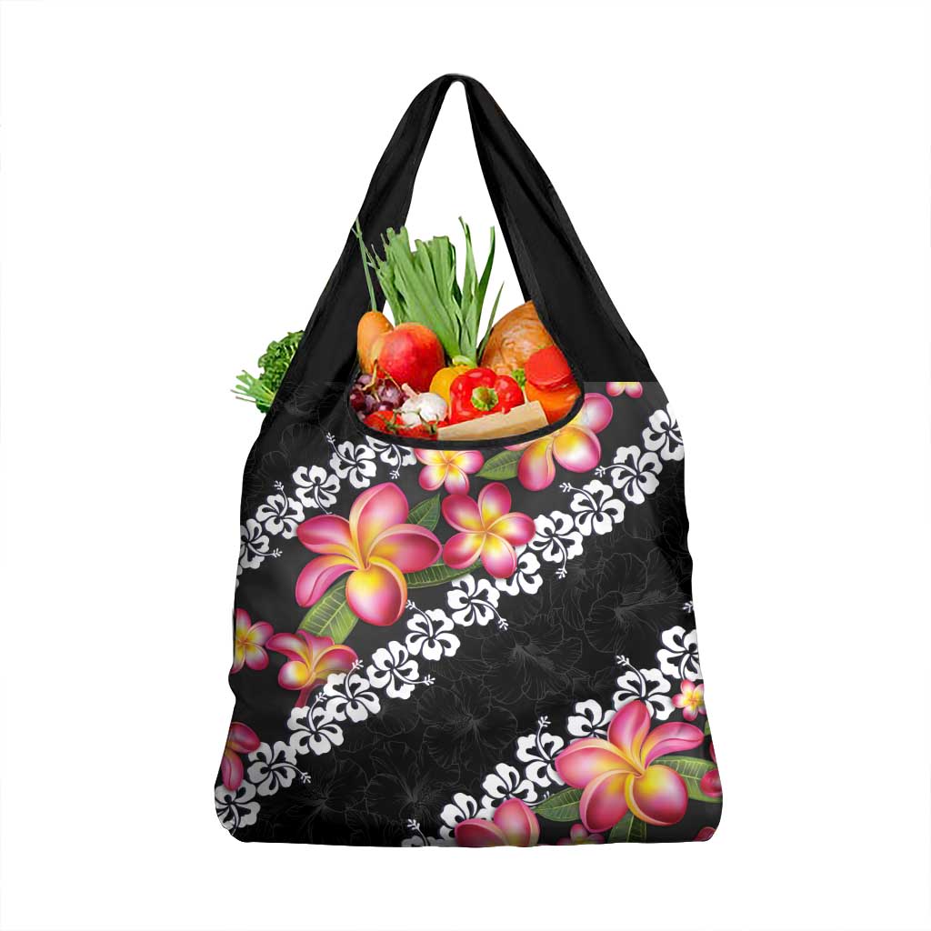 Black Polynesia Grocery Bag Plumeria With Hibiscus Pattern Tropical Vibes