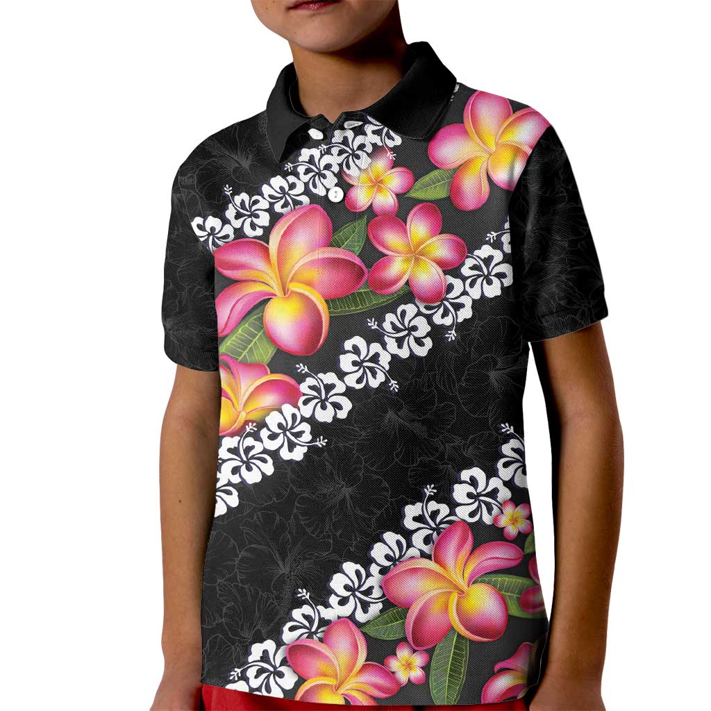 Black Polynesia Kid Polo Shirt Plumeria With Hibiscus Pattern Tropical Vibes LT14 Kid Black - Polynesian Pride