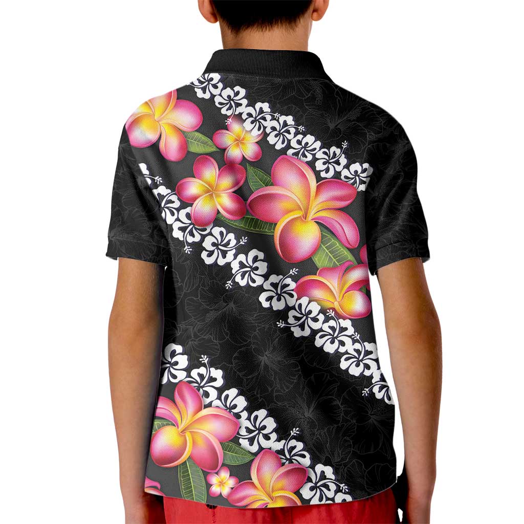 Black Polynesia Kid Polo Shirt Plumeria With Hibiscus Pattern Tropical Vibes LT14 - Polynesian Pride