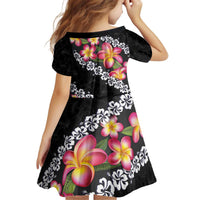 Black Polynesia Kid Short Sleeve Dress Plumeria With Hibiscus Pattern Tropical Vibes