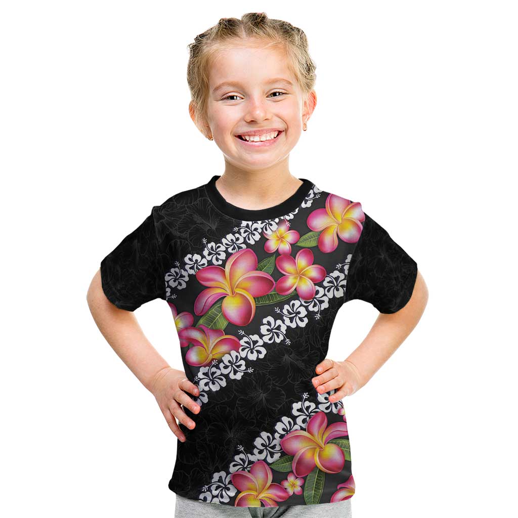 Black Polynesia Kid T Shirt Plumeria With Hibiscus Pattern Tropical Vibes LT14 Black - Polynesian Pride