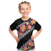 Black Polynesia Kid T Shirt Plumeria With Hibiscus Pattern Tropical Vibes LT14 Black - Polynesian Pride