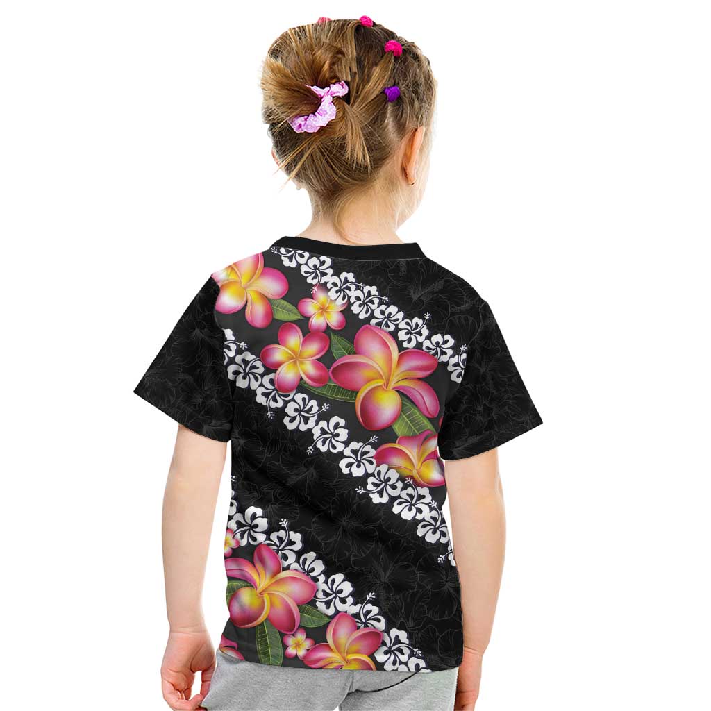 Black Polynesia Kid T Shirt Plumeria With Hibiscus Pattern Tropical Vibes LT14 - Polynesian Pride