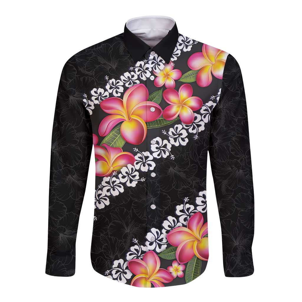 Black Polynesia Long Sleeve Button Shirt Plumeria With Hibiscus Pattern Tropical Vibes LT14 Unisex Black - Polynesian Pride
