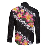 Black Polynesia Long Sleeve Button Shirt Plumeria With Hibiscus Pattern Tropical Vibes LT14 - Polynesian Pride