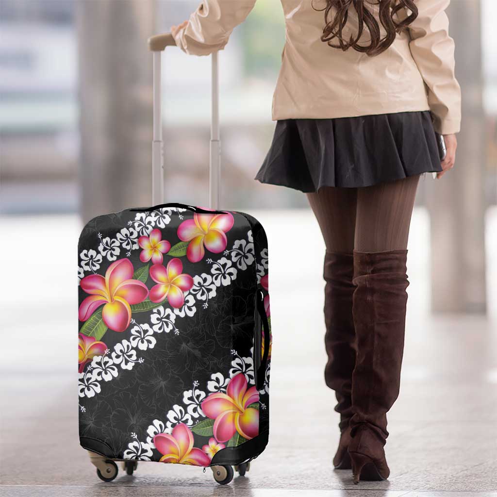Black Polynesia Luggage Cover Plumeria With Hibiscus Pattern Tropical Vibes