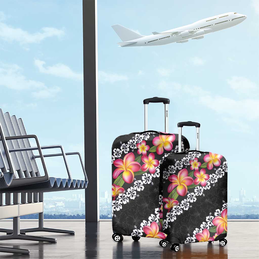 Black Polynesia Luggage Cover Plumeria With Hibiscus Pattern Tropical Vibes