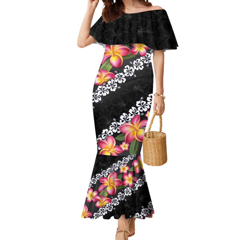 Black Polynesia Mermaid Dress Plumeria With Hibiscus Pattern Tropical Vibes LT14 Women Black - Polynesian Pride