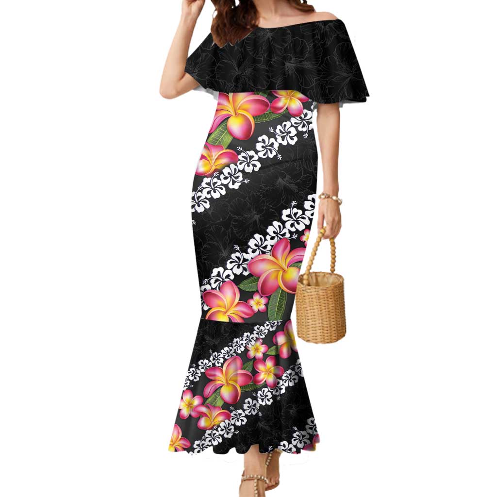 Black Polynesia Mermaid Dress Plumeria With Hibiscus Pattern Tropical Vibes