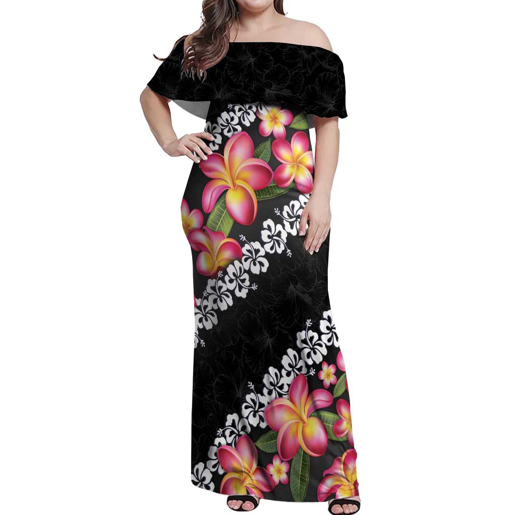 Black Polynesia Off Shoulder Maxi Dress Plumeria With Hibiscus Pattern Tropical Vibes LT14 Women Black - Polynesian Pride