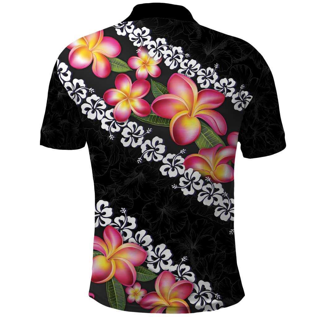 Black Polynesia Polo Shirt Plumeria With Hibiscus Pattern Tropical Vibes