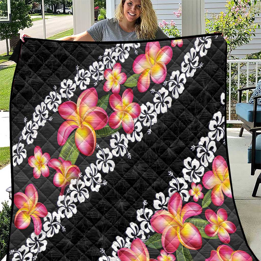 Black Polynesia Quilt Plumeria With Hibiscus Pattern Tropical Vibes LT14 Black - Polynesian Pride