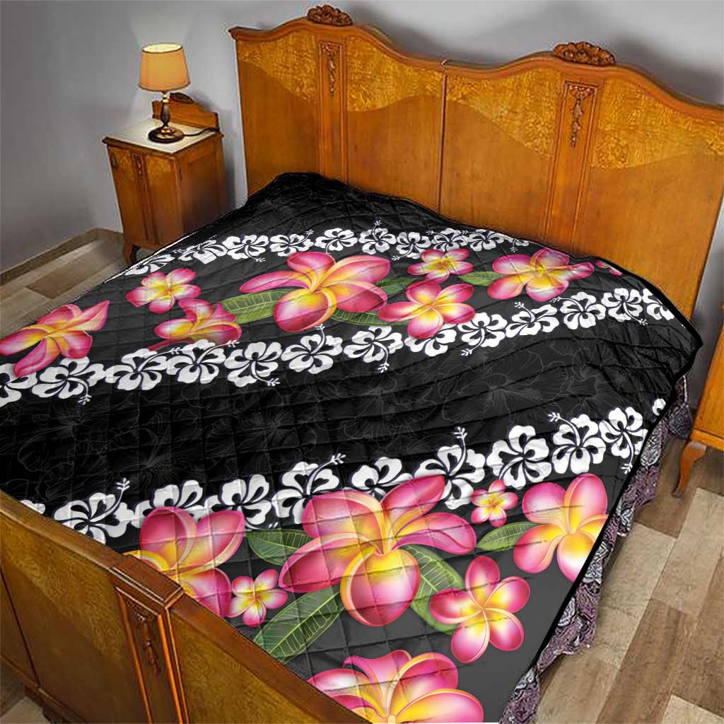 Black Polynesia Quilt Plumeria With Hibiscus Pattern Tropical Vibes LT14 - Polynesian Pride